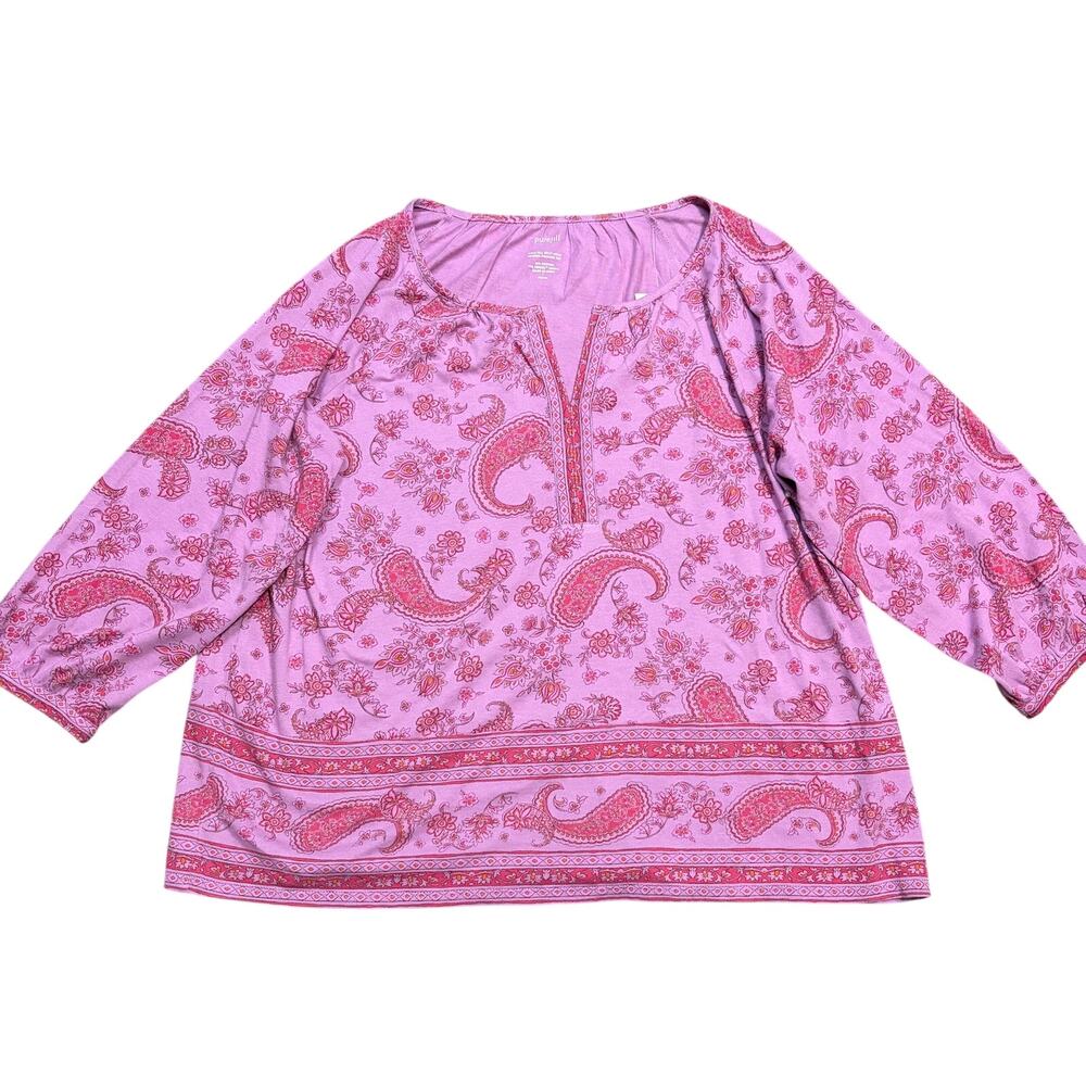 J.Jill Pure Jill Split Neck Boarder Printed Top Paisley Pink Large Petite NWT